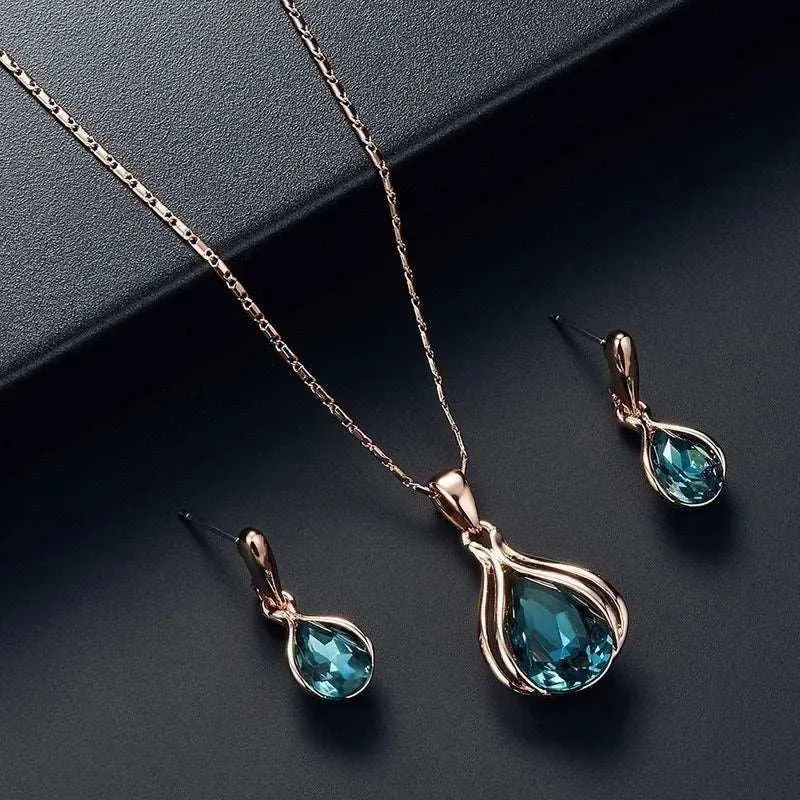 Angelic Blue and Green Water Drop Earrings and Necklace Sets