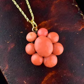 Antique Victorian 14K Gold Coral Halo Pendant Necklace