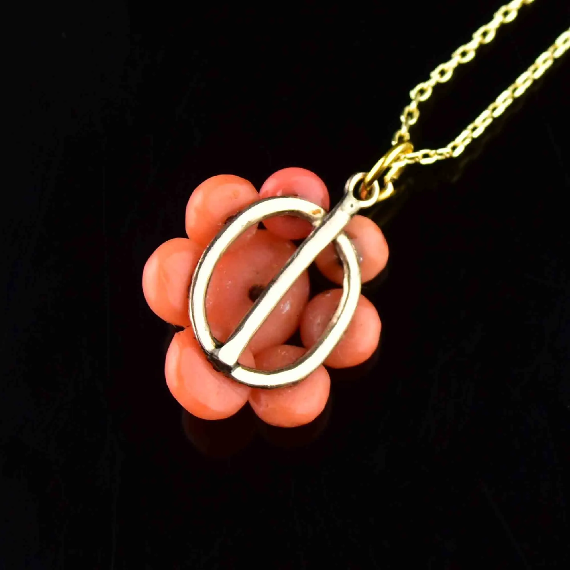 Antique Victorian 14K Gold Coral Halo Pendant Necklace