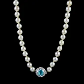 Antique Victorian Pearl Necklace 2.25Ct Blue Zircon Diamond Clasp Circa 1900