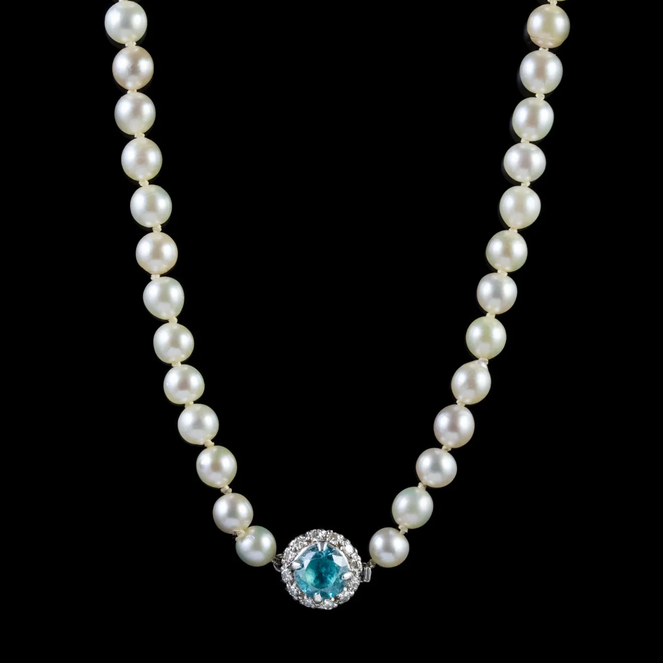 Antique Victorian Pearl Necklace 2.25Ct Blue Zircon Diamond Clasp Circa 1900