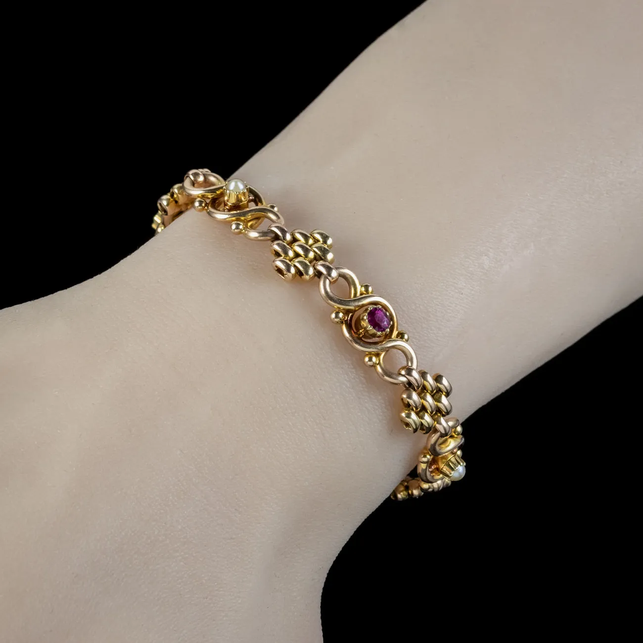 Antique Victorian Ruby Pearl Bracelet 15ct Gold