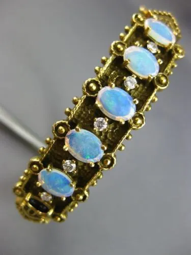 ANTIQUE WIDE .18CT DIAMOND & AAA OPAL 14KT YELLOW GOLD FILIGREE BANGLE BRACELET