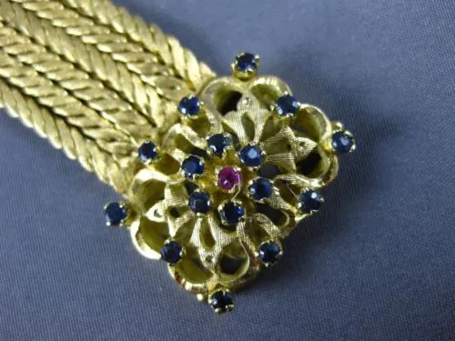 ANTIQUE WIDE SAPPHIRE & RUBY 18KT YELLOW GOLD MULTI STRAND FLOWER BRACELET #1880