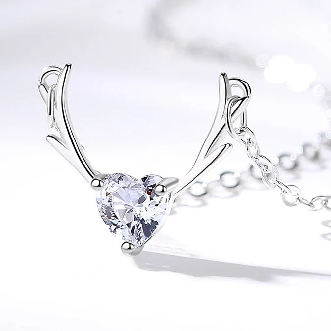 Antler with Heart-shape Zircon Silver Necklace for Women