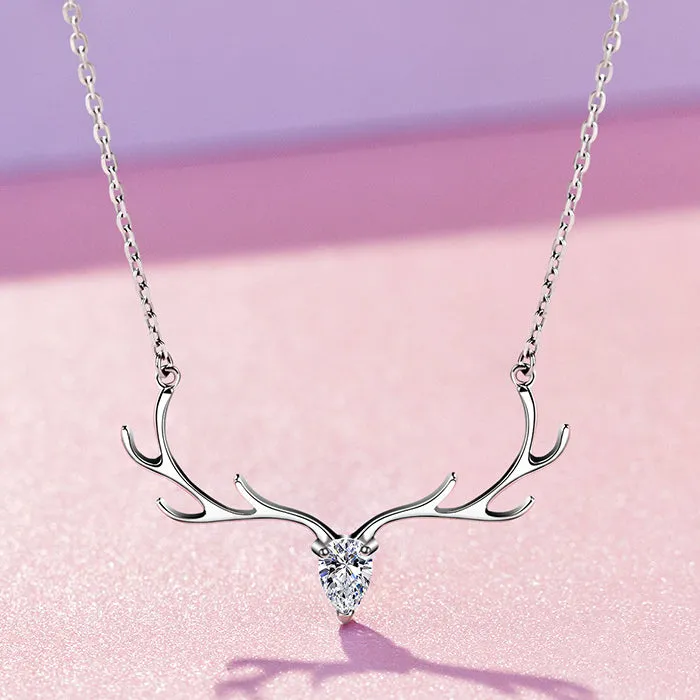 Antler with Pear Drop Zircon Silver Necklace for Women