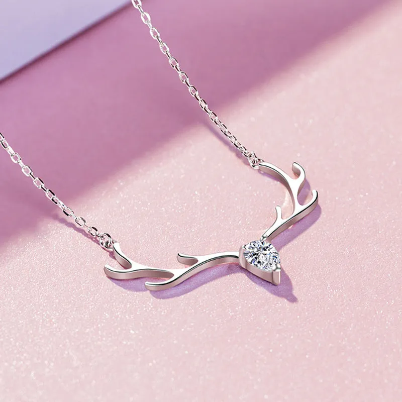 Antler with Pear Drop Zircon Silver Necklace for Women