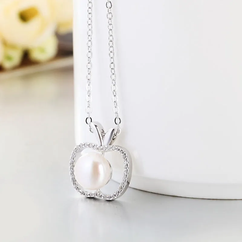 Apple with Freshwater Pearl Pendant Silver Necklace for Women