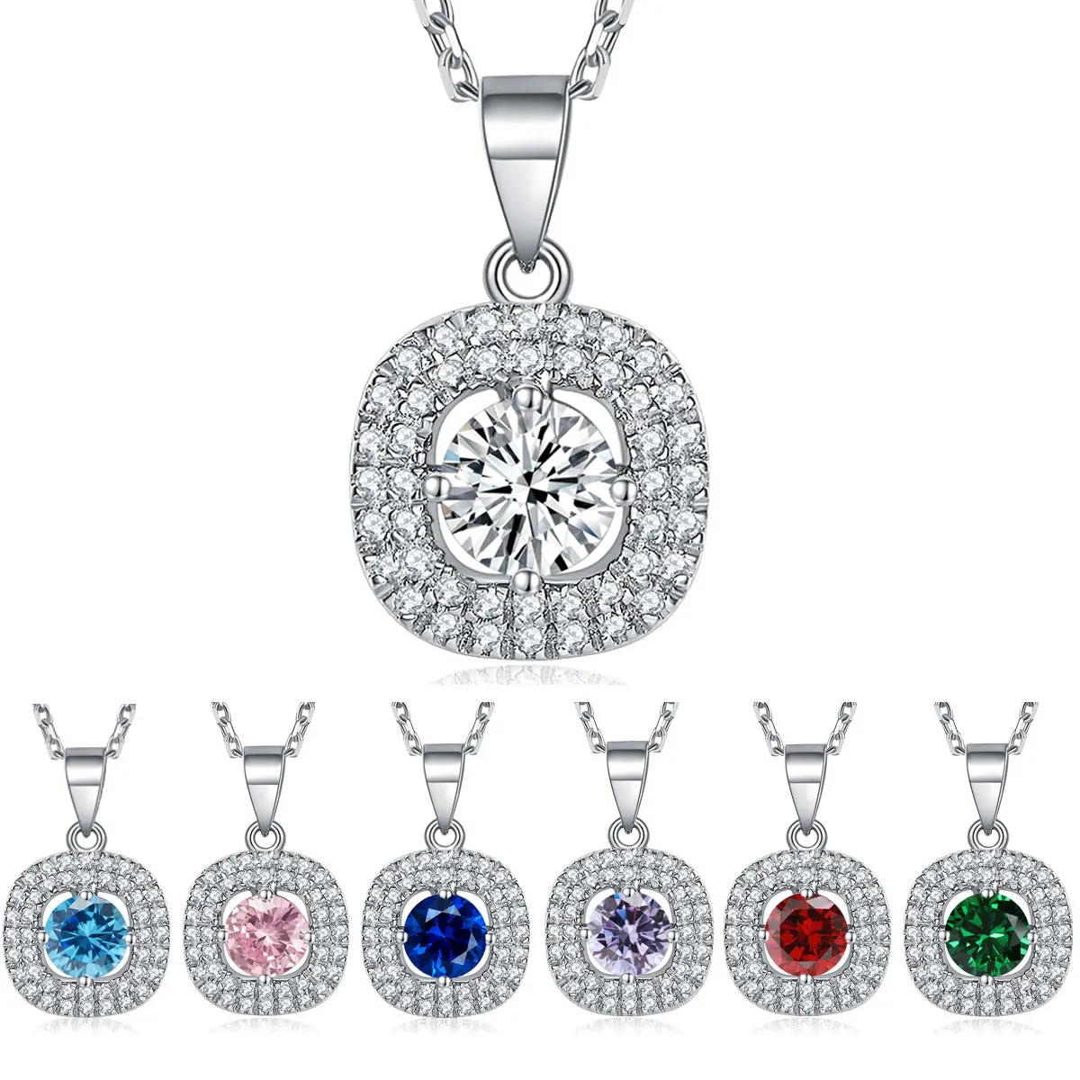 Arc Square Round Zircon Soleste Halo Pendant Silver Necklace for Women