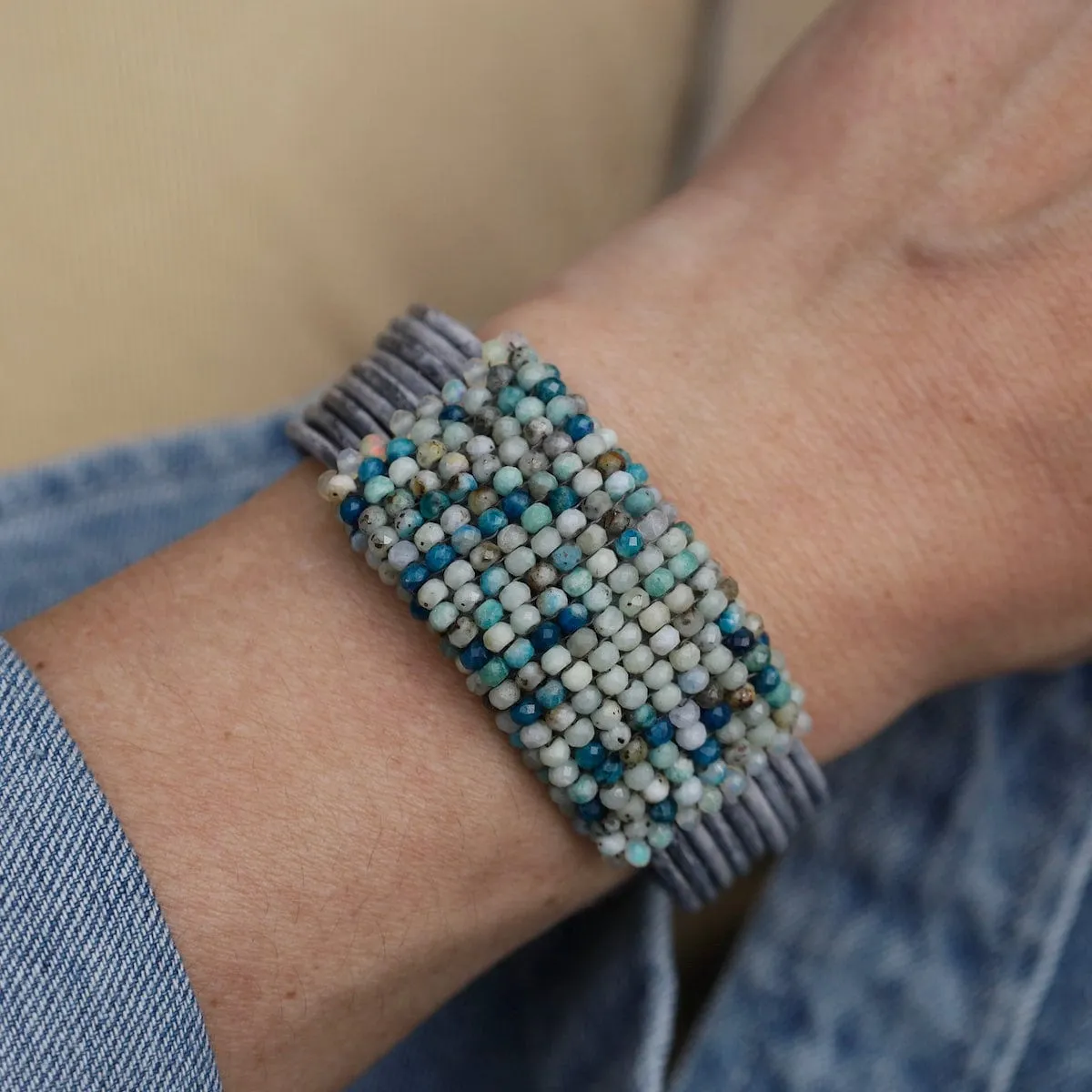 Azurite with Opal Trim On Driftwood Leather Bracelet