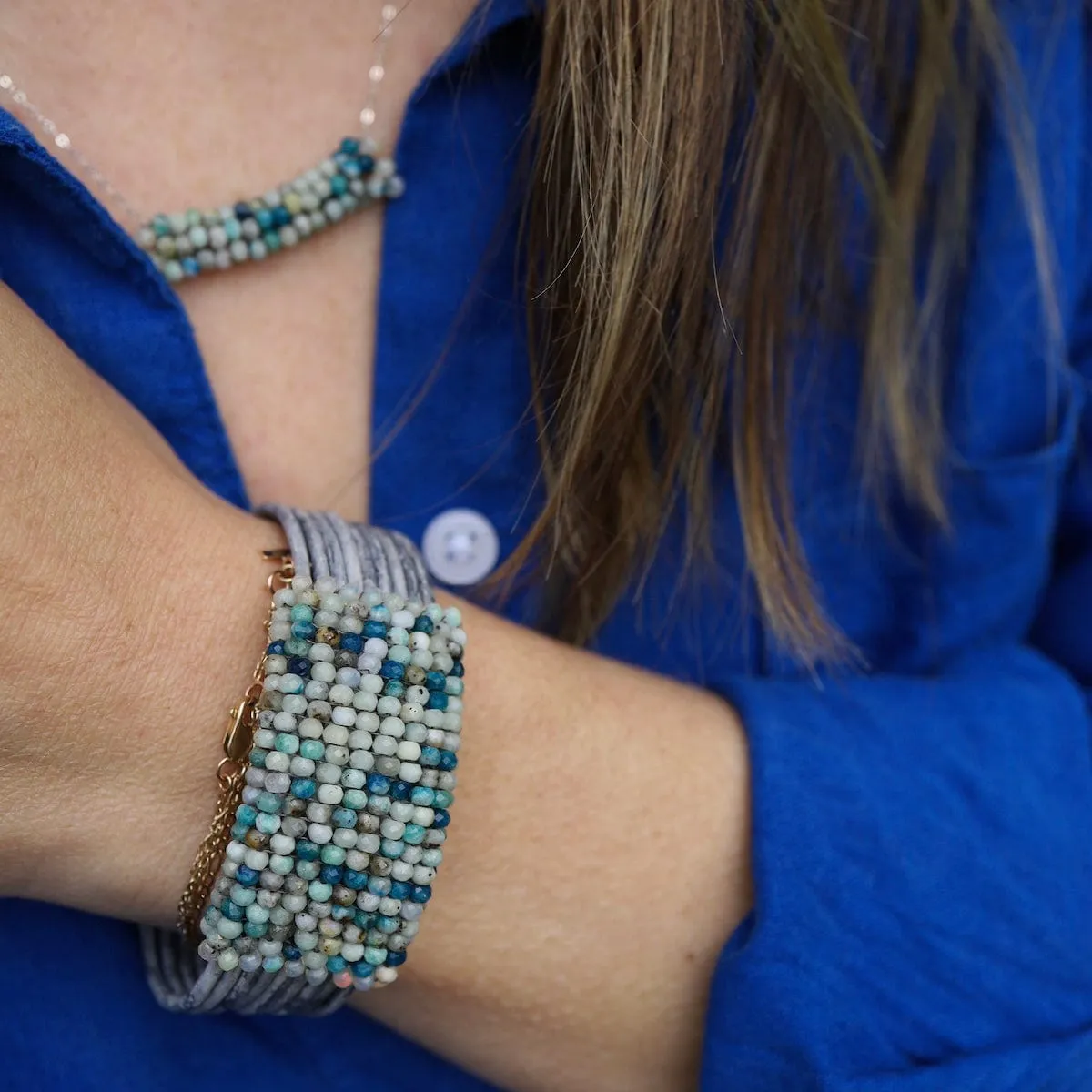 Azurite with Opal Trim On Driftwood Leather Bracelet