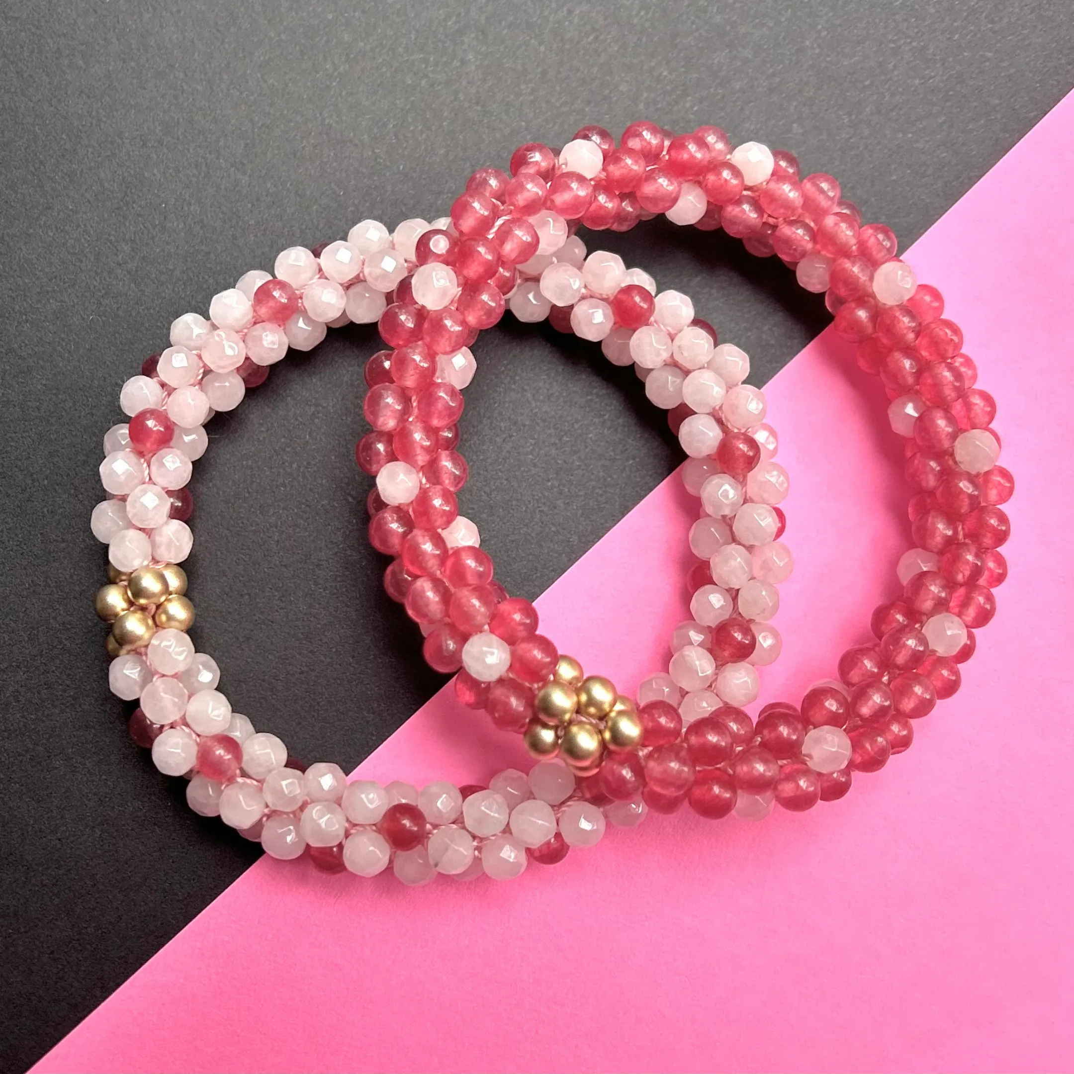 Beaded Gemstone Bracelets: Pink Polka Dots