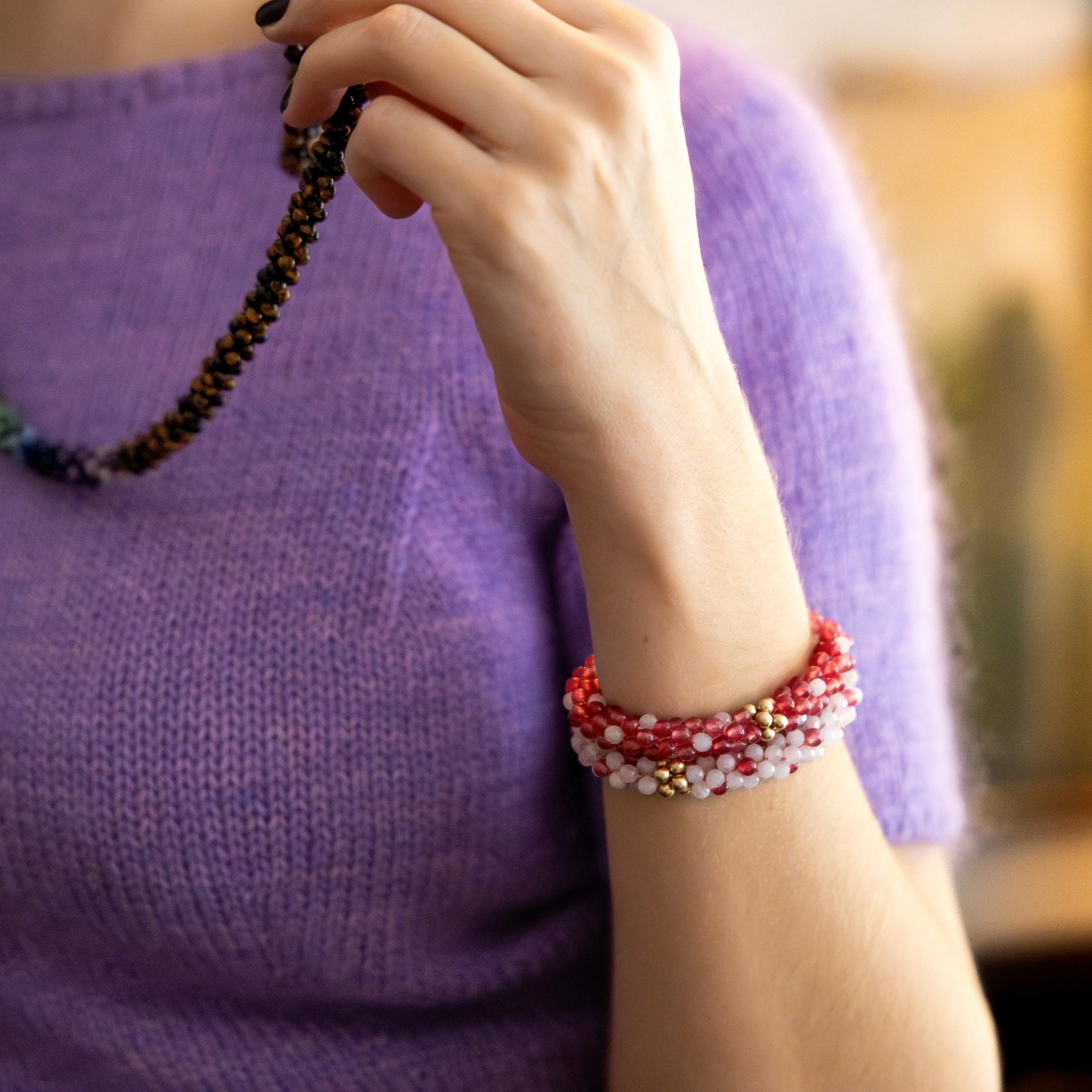 Beaded Gemstone Bracelets: Pink Polka Dots