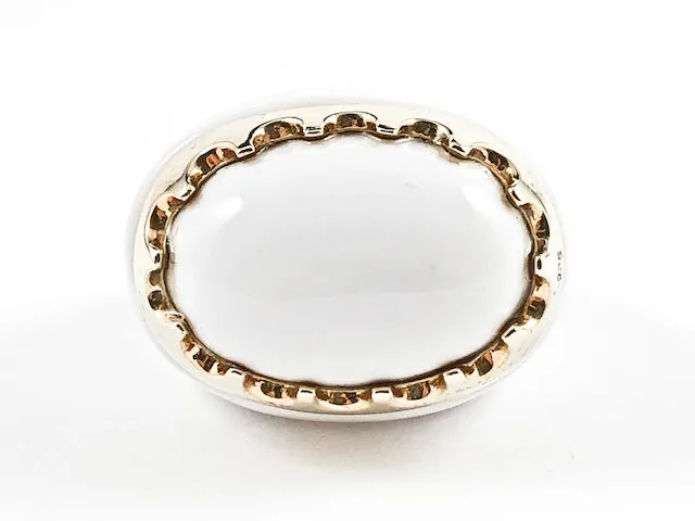 Beautiful White Enamel With Gold Tone Crown Rim Design Silver Ring