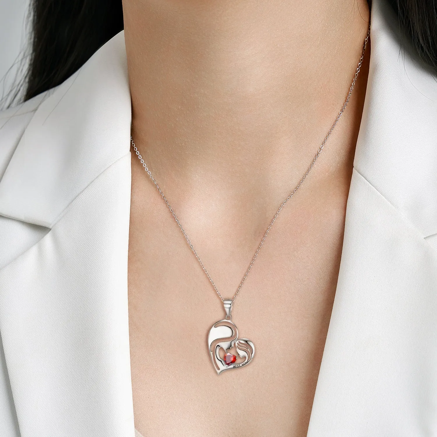 Best Mom Zircon Heart Shape Pendant Silver Necklace