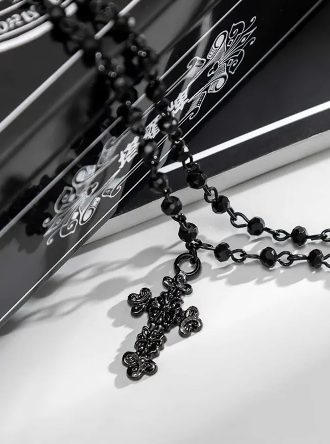 Black Crucifix Double Beaded Necklace