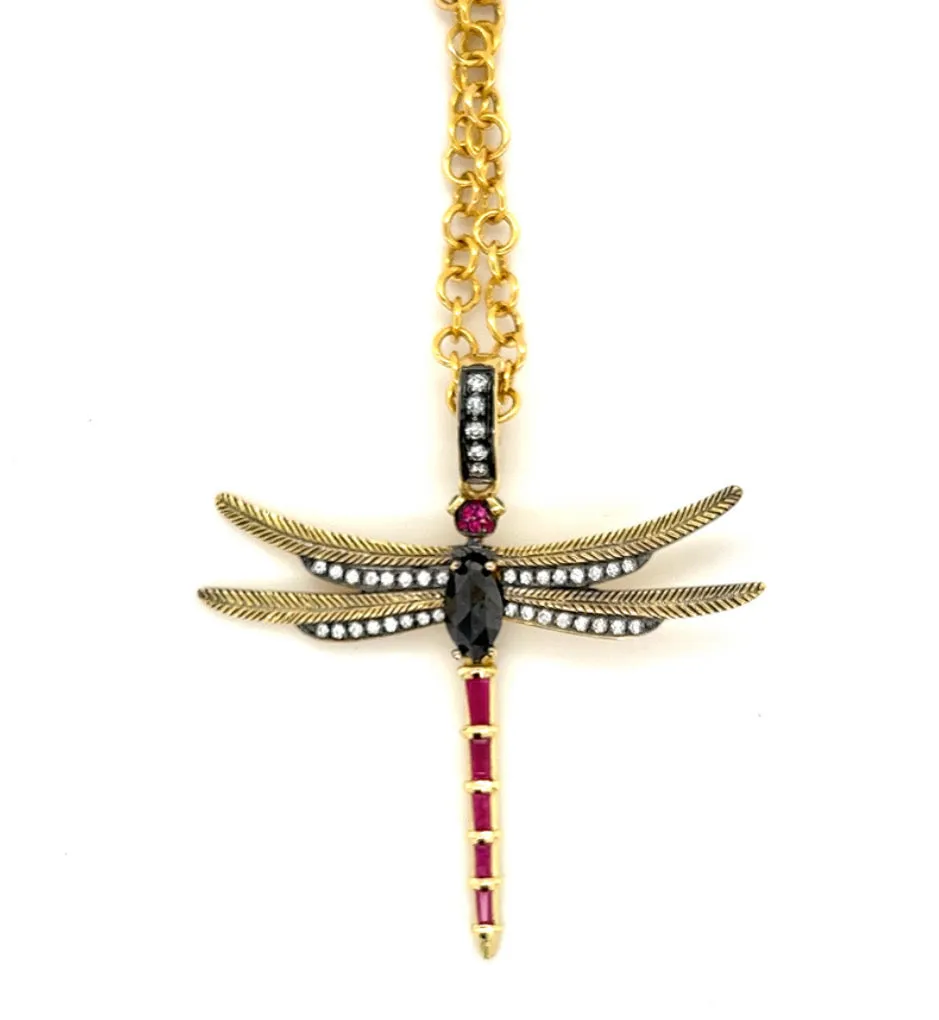 Black Diamond Dragonfly Charm in 18kt Green Gold