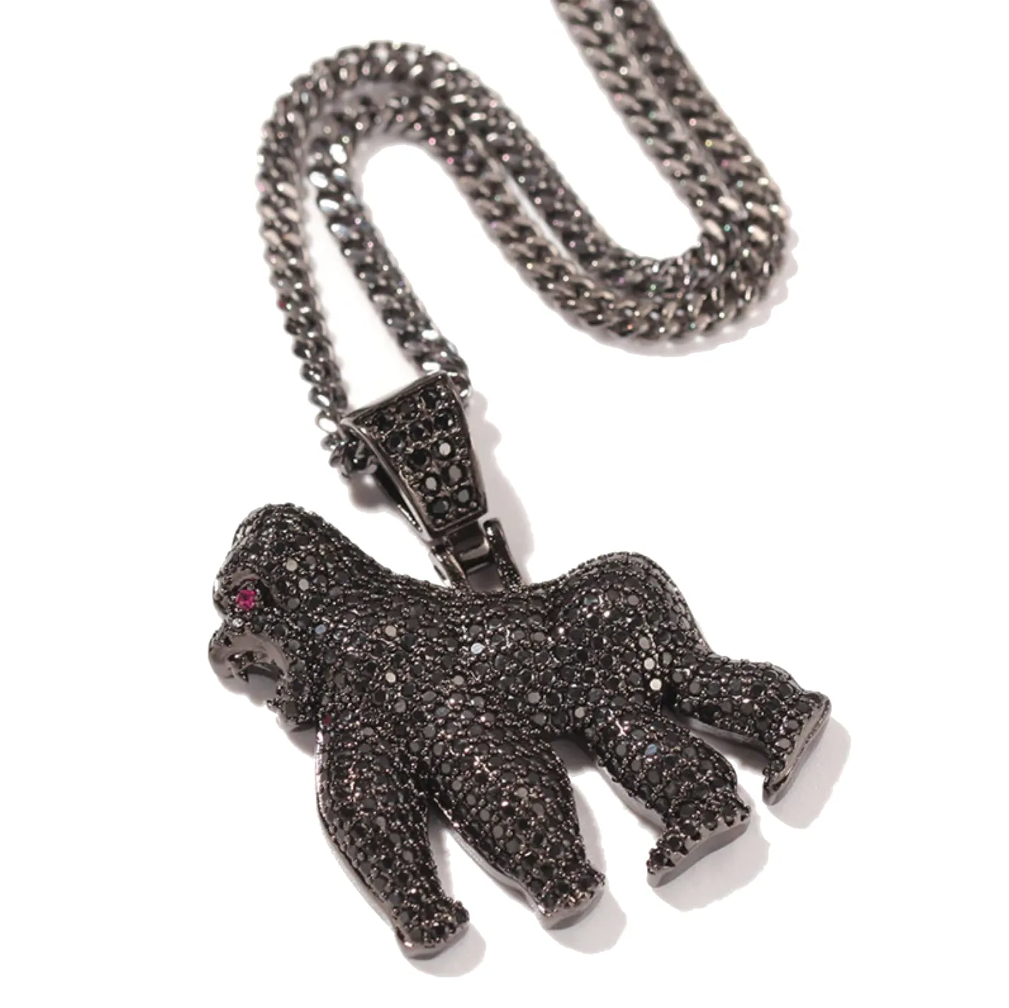 Black Gorilla Necklace Diamond Ape Chain Silver Monkey Jewelry 24in.