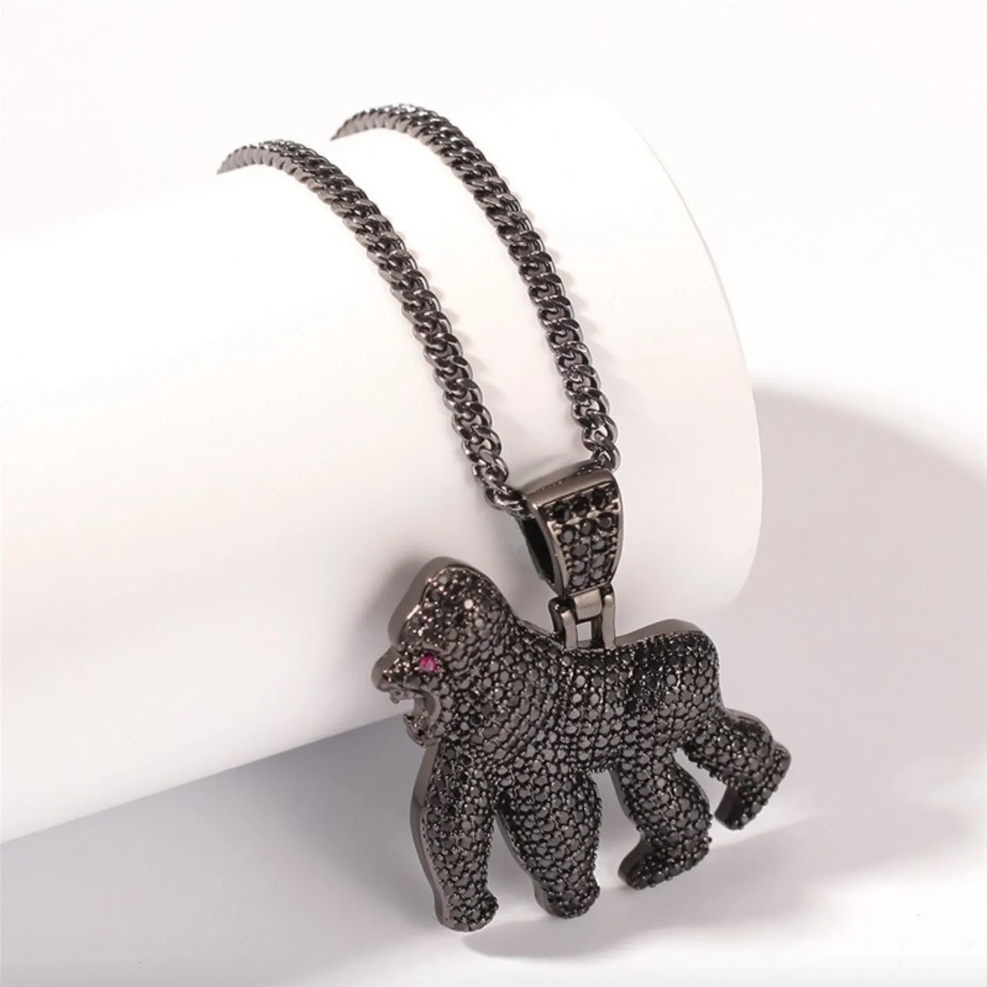 Black Gorilla Necklace Diamond Ape Chain Silver Monkey Jewelry 24in.