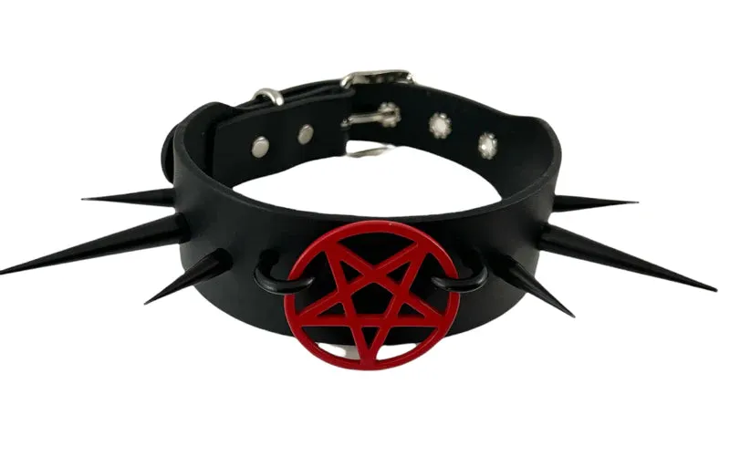 Black Leather Collar w/ Black U Ring, Black Spikes and Red Pentagram