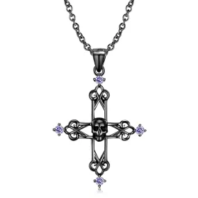 Black Skull Hollow Cross Pendant Purple Zircon Silver Necklace