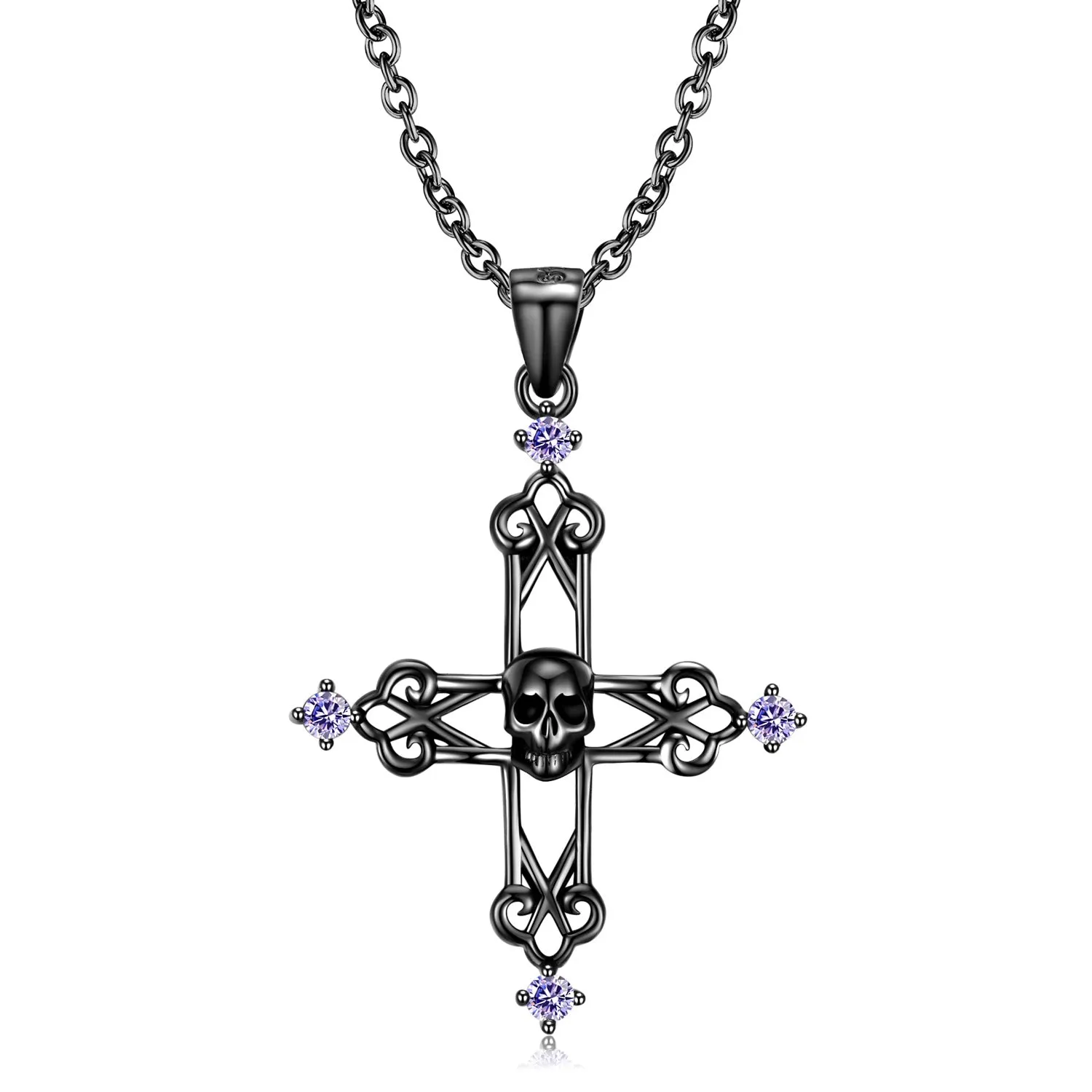 Black Skull Hollow Cross Pendant Purple Zircon Silver Necklace