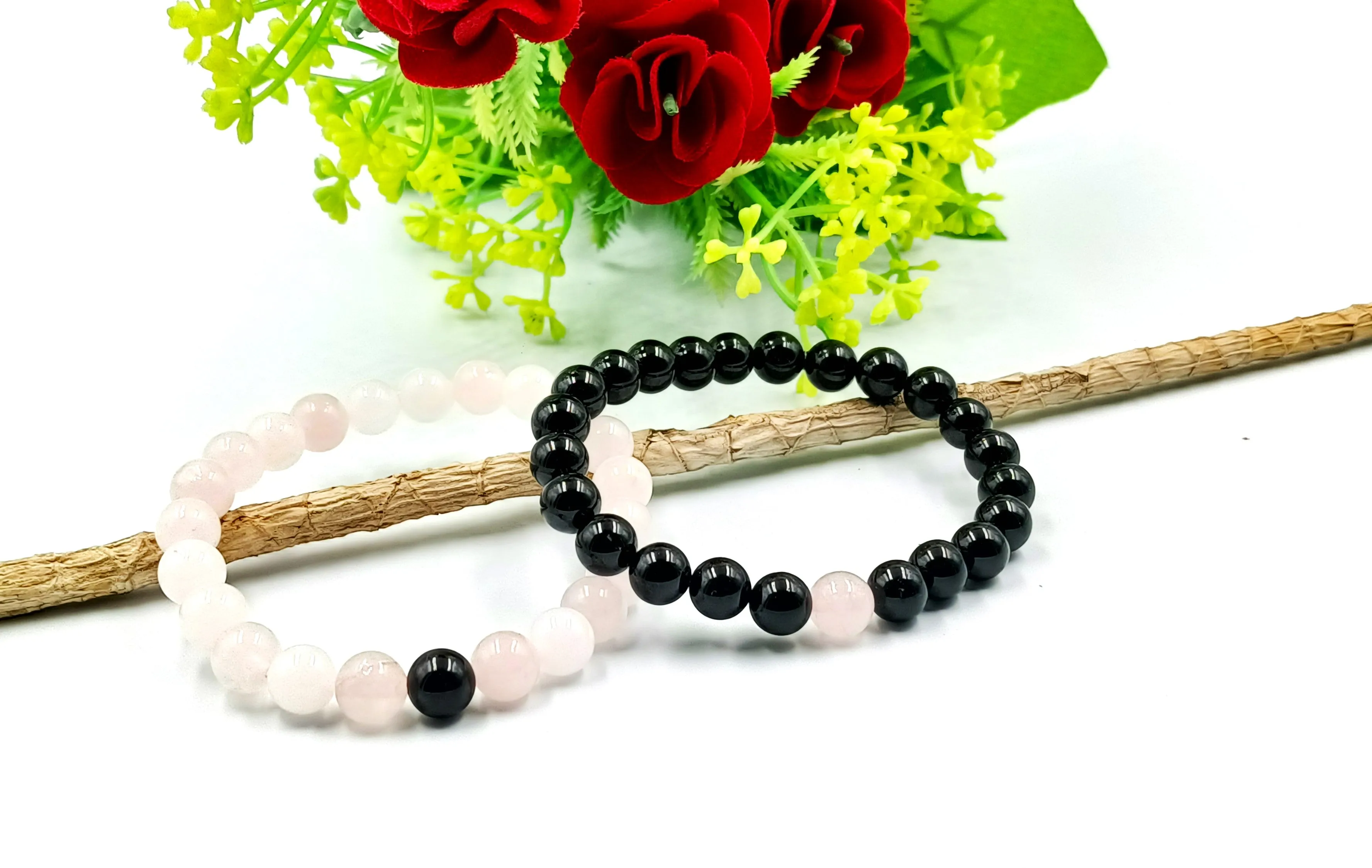 Black Tourmaline and Rose Quartz Couple Bracelet