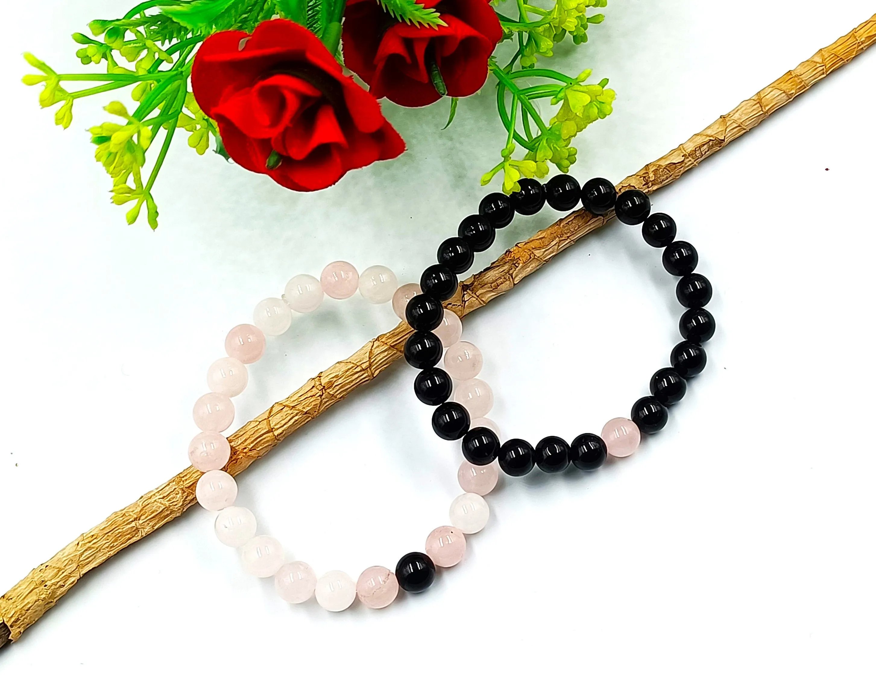 Black Tourmaline and Rose Quartz Couple Bracelet