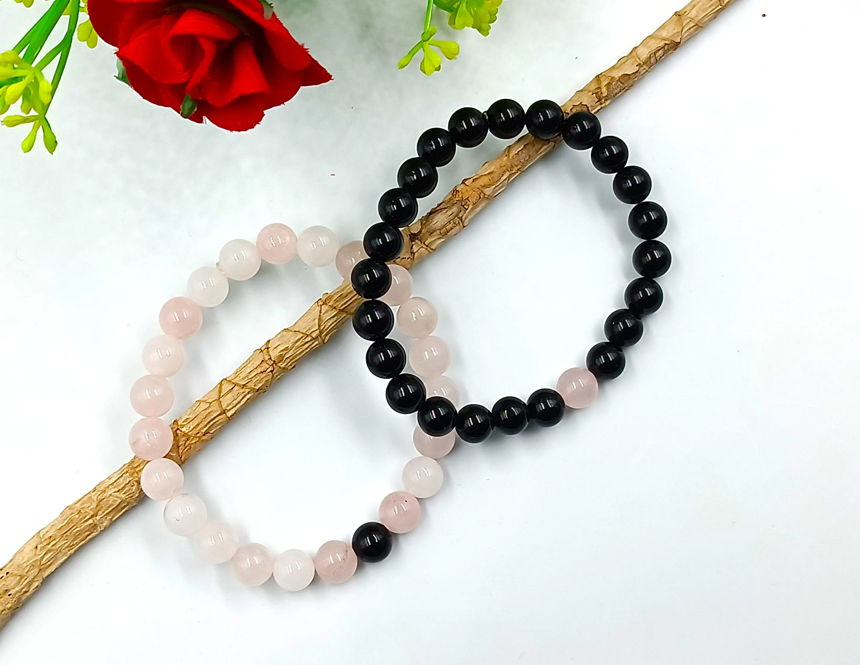 Black Tourmaline and Rose Quartz Couple Bracelet