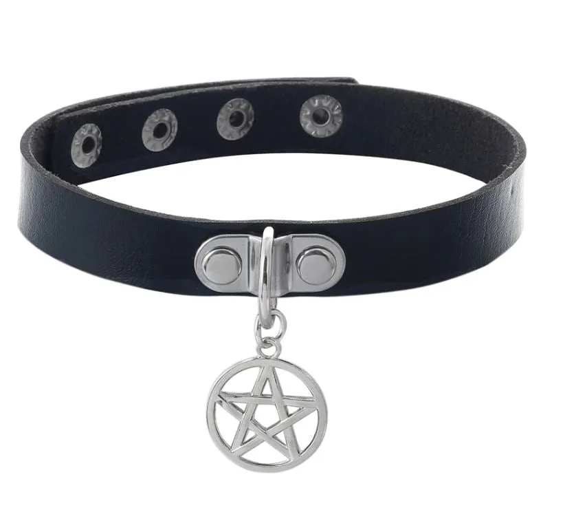 Black Vegan Leather Collar w/ Silver Hanging Pentagram