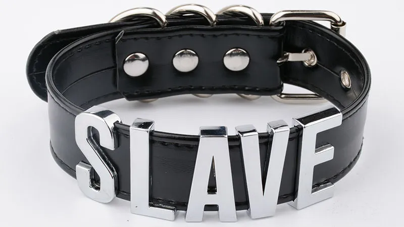 Black Vegan Leather Collar w/ Silver "SLAVE" Text on Front