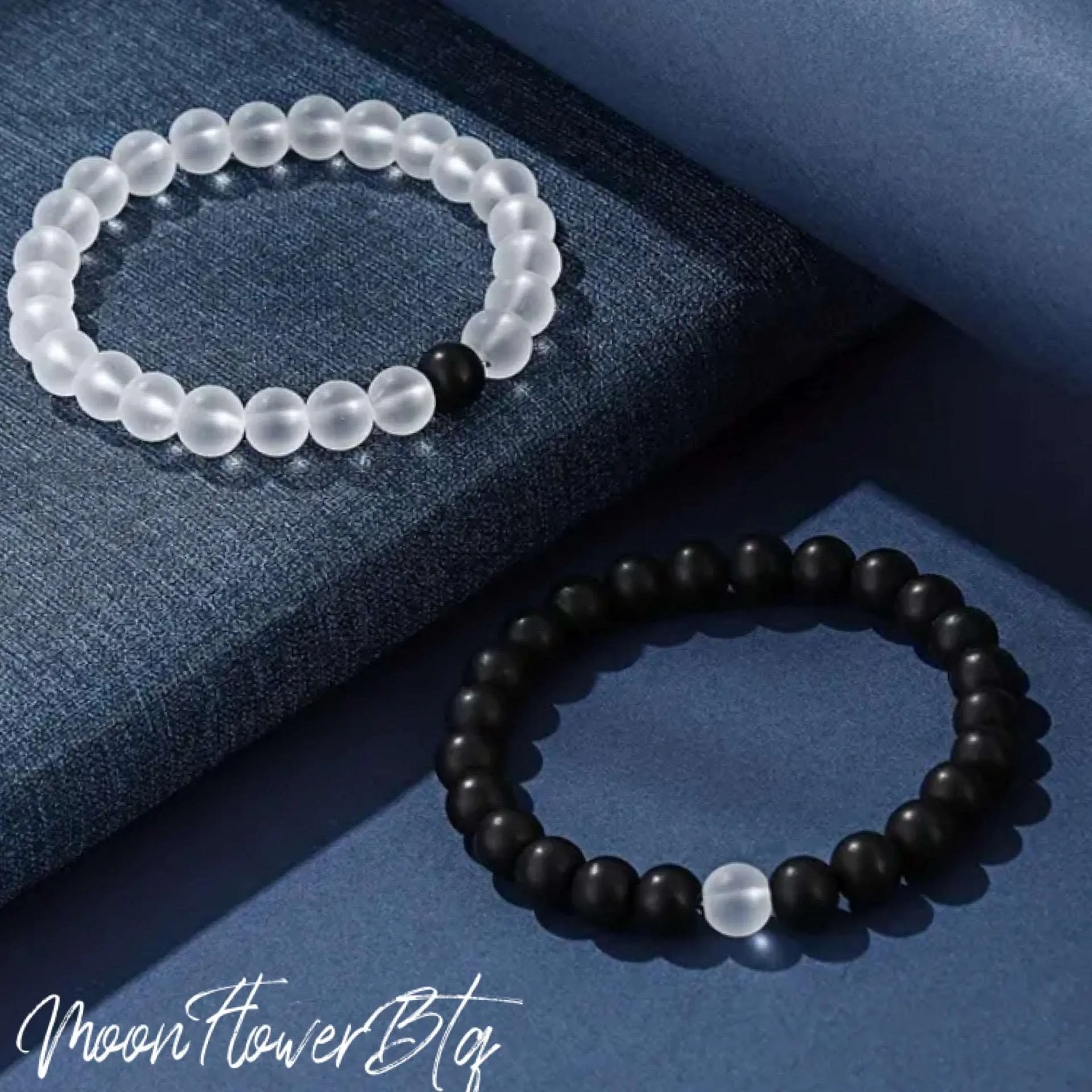 Black White Stone Beaded Bracelet Matching Set