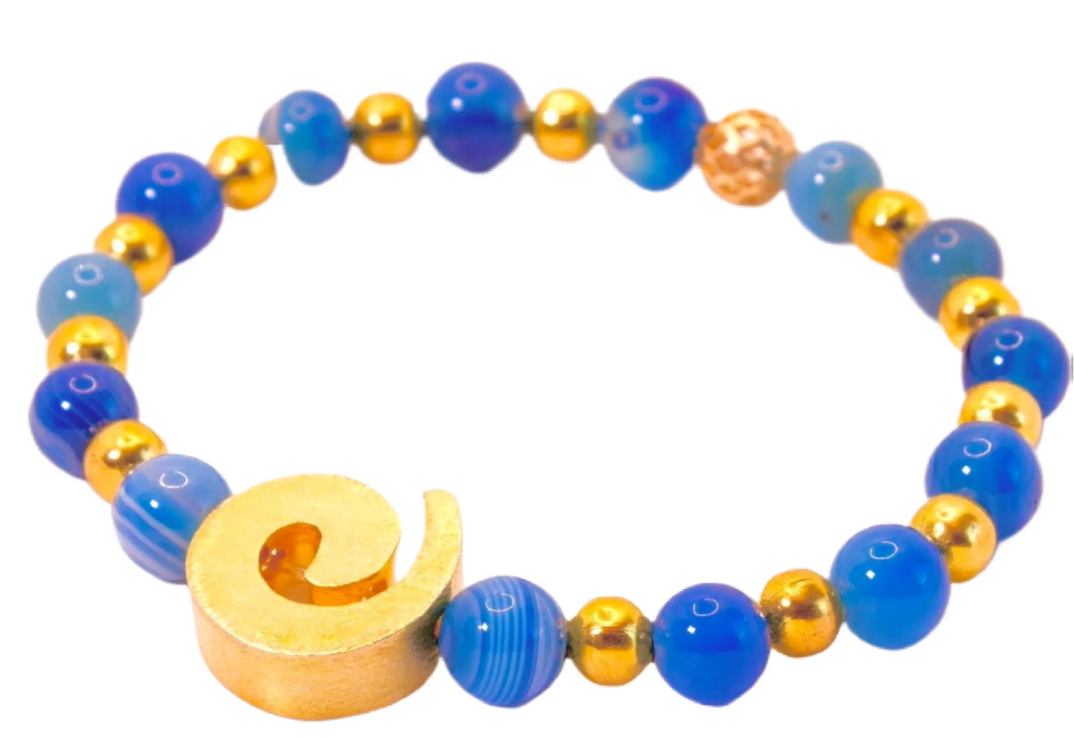 Blue-Banded Agate Gemstone Beaded Bracelet with Gold Swirl Accent