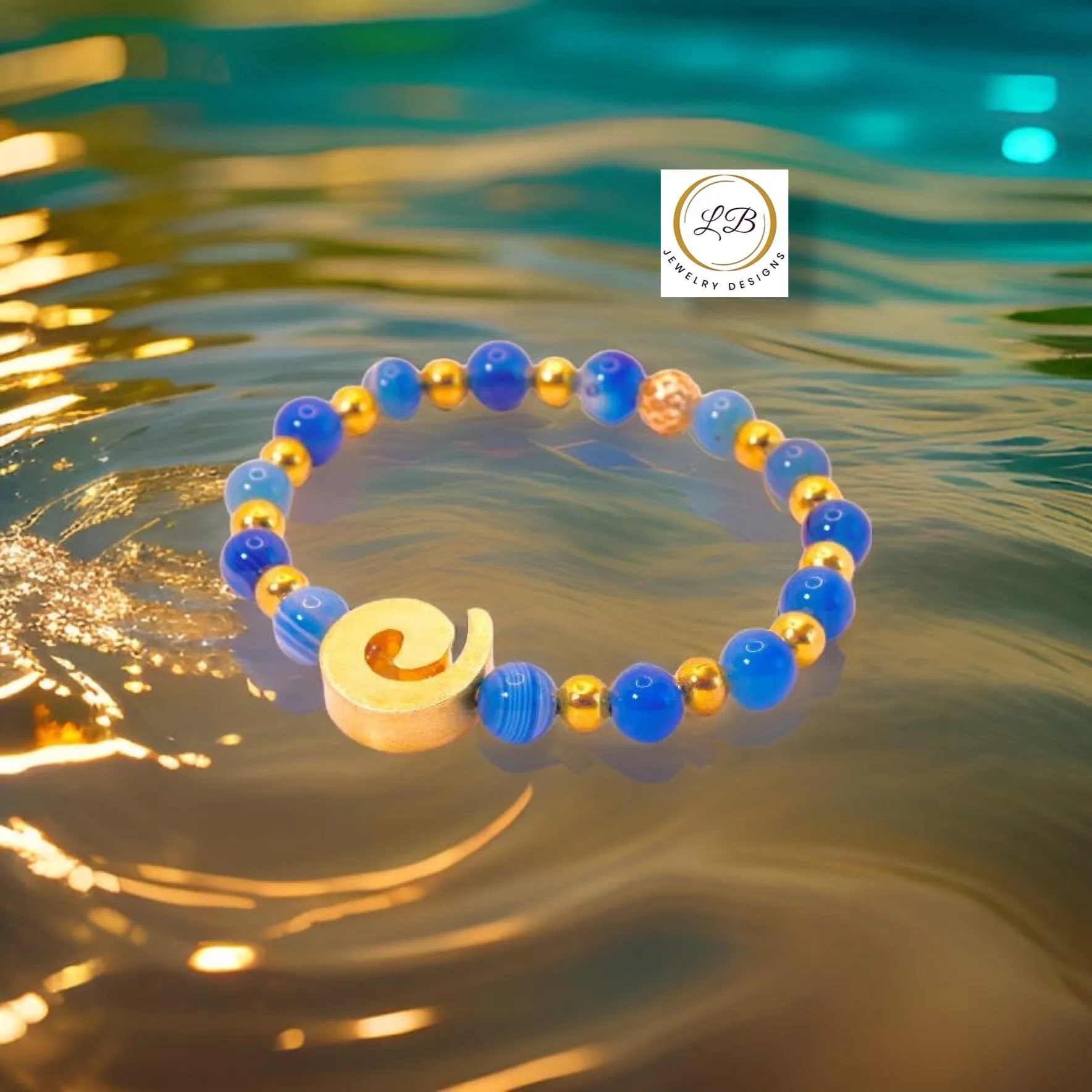 Blue-Banded Agate Gemstone Beaded Bracelet with Gold Swirl Accent