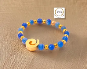 Blue-Banded Agate Gemstone Beaded Bracelet with Gold Swirl Accent