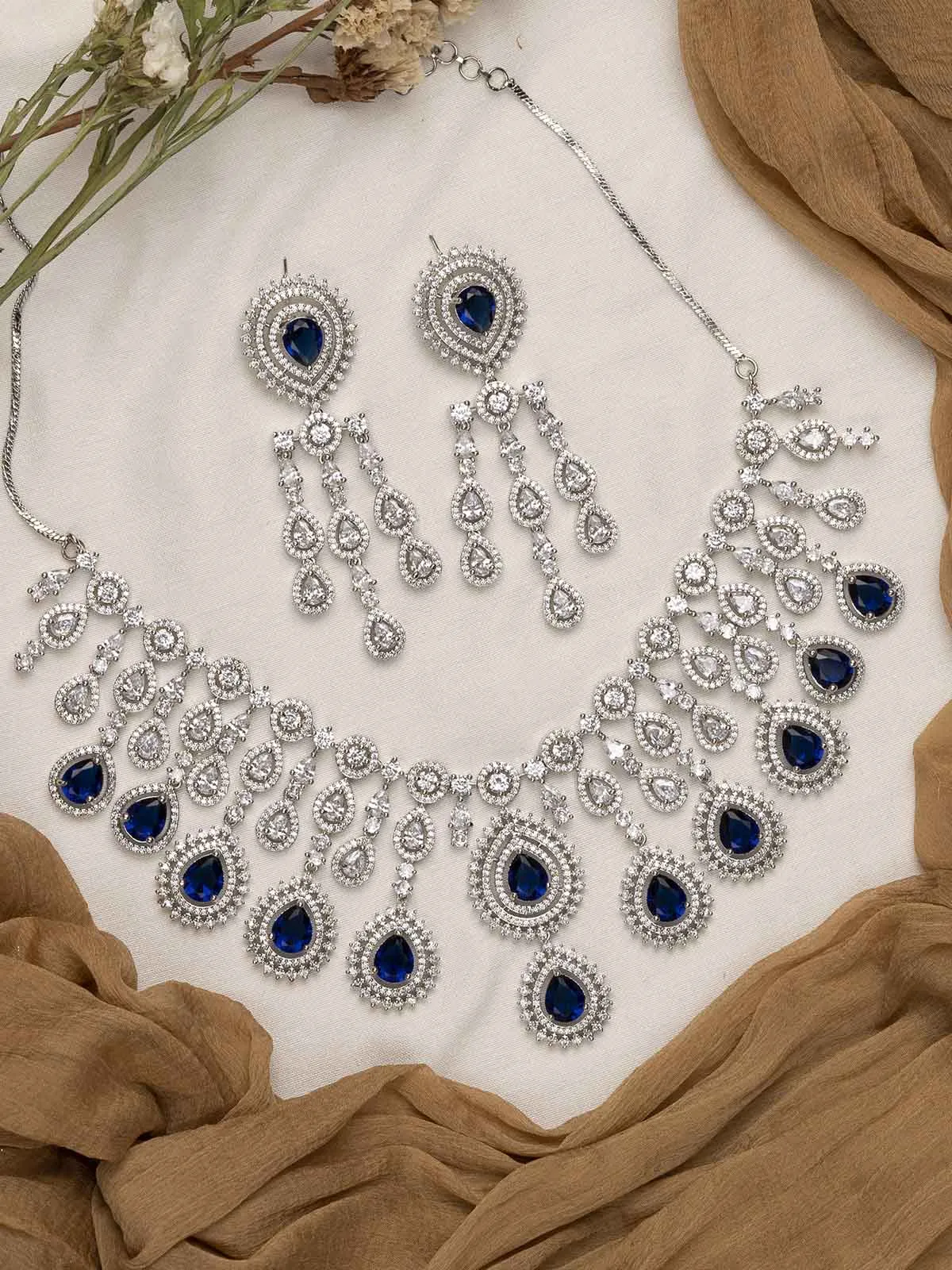 Blue Color Silver Plated Faux Diamond Necklace Set - CZSET296BL