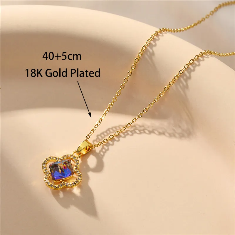 Blue Crystal Four Leaf Flower Gold Colour Pendant