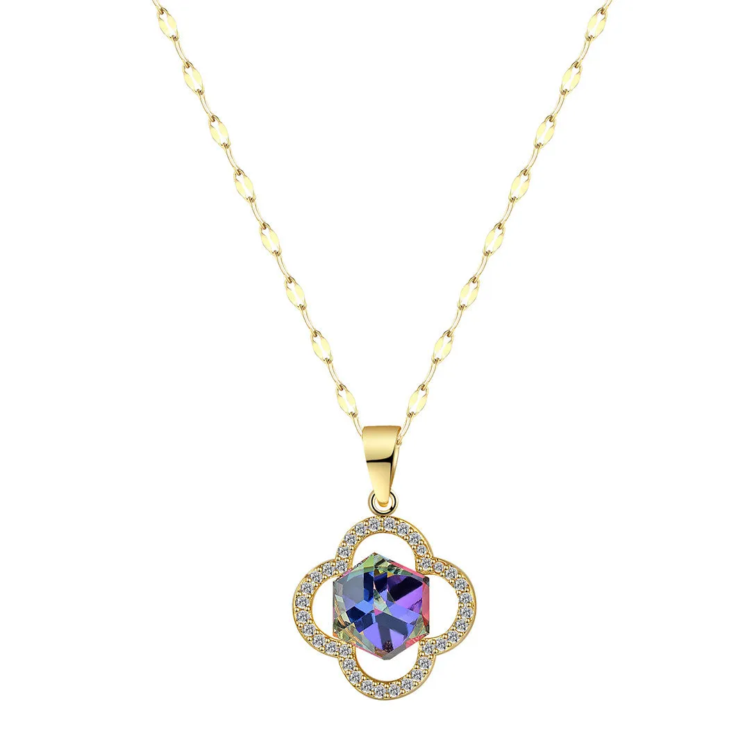 Blue Crystal Four Leaf Flower Gold Colour Pendant