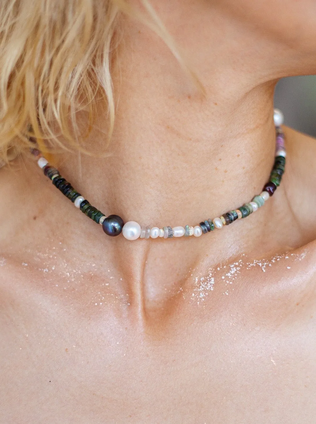 Bold Tourmaline with Akoya & Tahitian Pearl Choker Necklace.