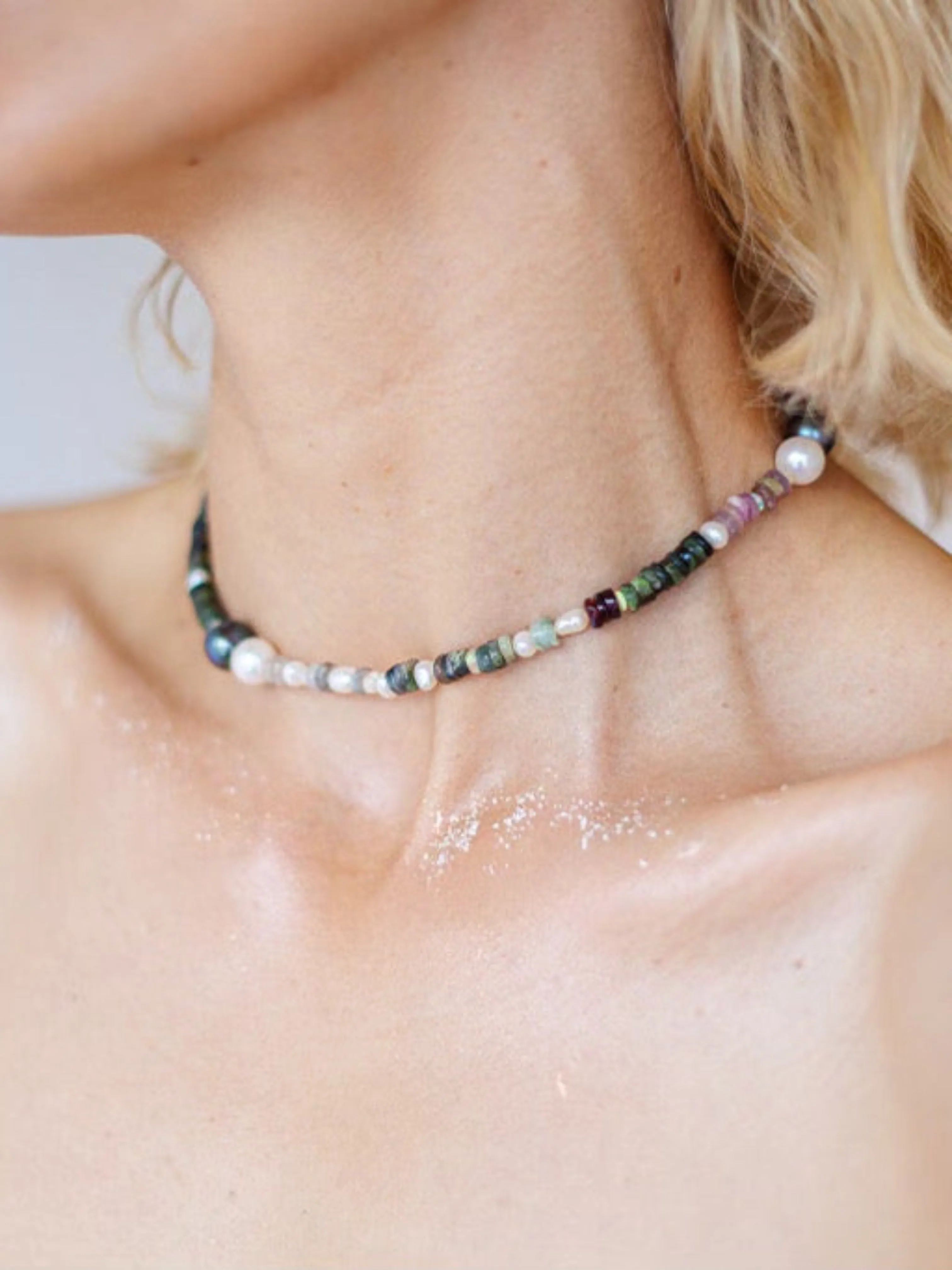 Bold Tourmaline with Akoya & Tahitian Pearl Choker Necklace.