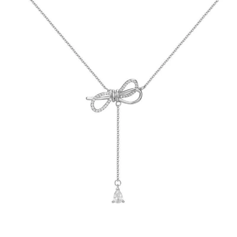 Bow with Pear Drop Zircon Tassel Necklace for Women