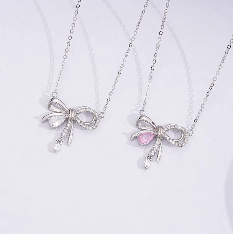 Bowknot Pendant Water Drop Zircon Silver Necklace