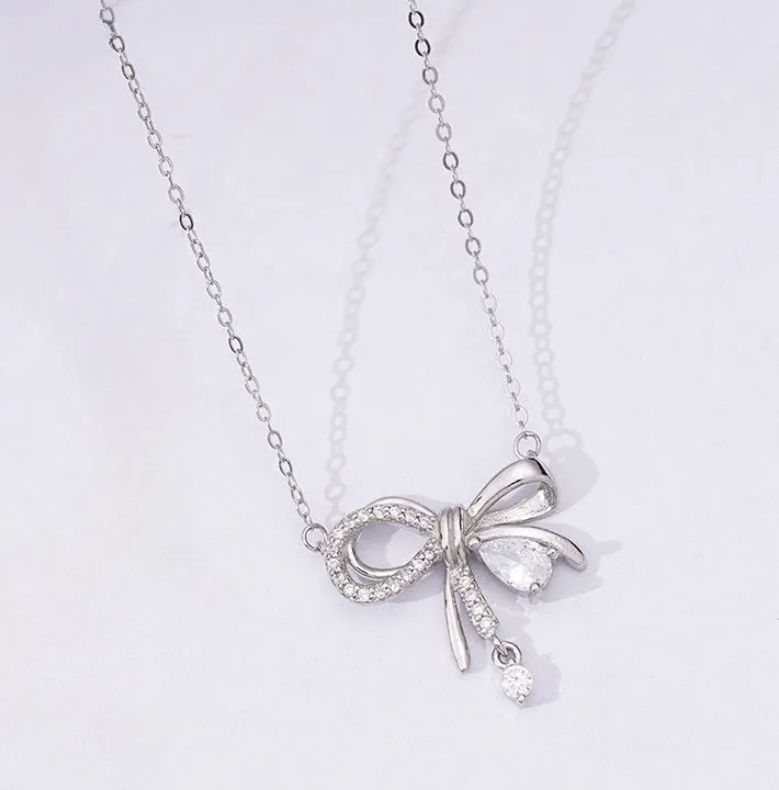 Bowknot Pendant Water Drop Zircon Silver Necklace