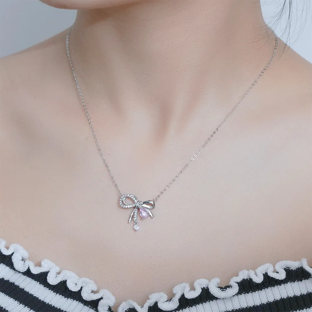 Bowknot Pendant Water Drop Zircon Silver Necklace