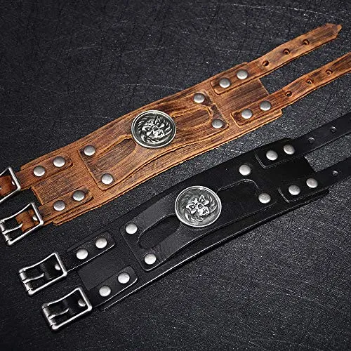 Brown Genuine Leather Handmade Wide Size Bracelet with Skull Head Charms Snap Button Clasp New Men's Bangle Jewelry Bracelet