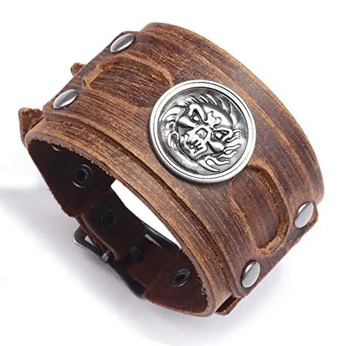 Brown Genuine Leather Handmade Wide Size Bracelet with Skull Head Charms Snap Button Clasp New Men's Bangle Jewelry Bracelet