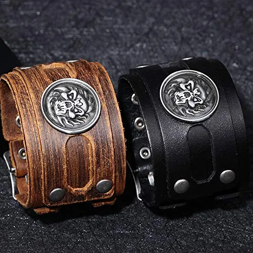 Brown Genuine Leather Handmade Wide Size Bracelet with Skull Head Charms Snap Button Clasp New Men's Bangle Jewelry Bracelet