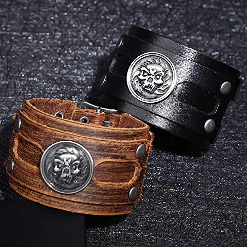 Brown Genuine Leather Handmade Wide Size Bracelet with Skull Head Charms Snap Button Clasp New Men's Bangle Jewelry Bracelet