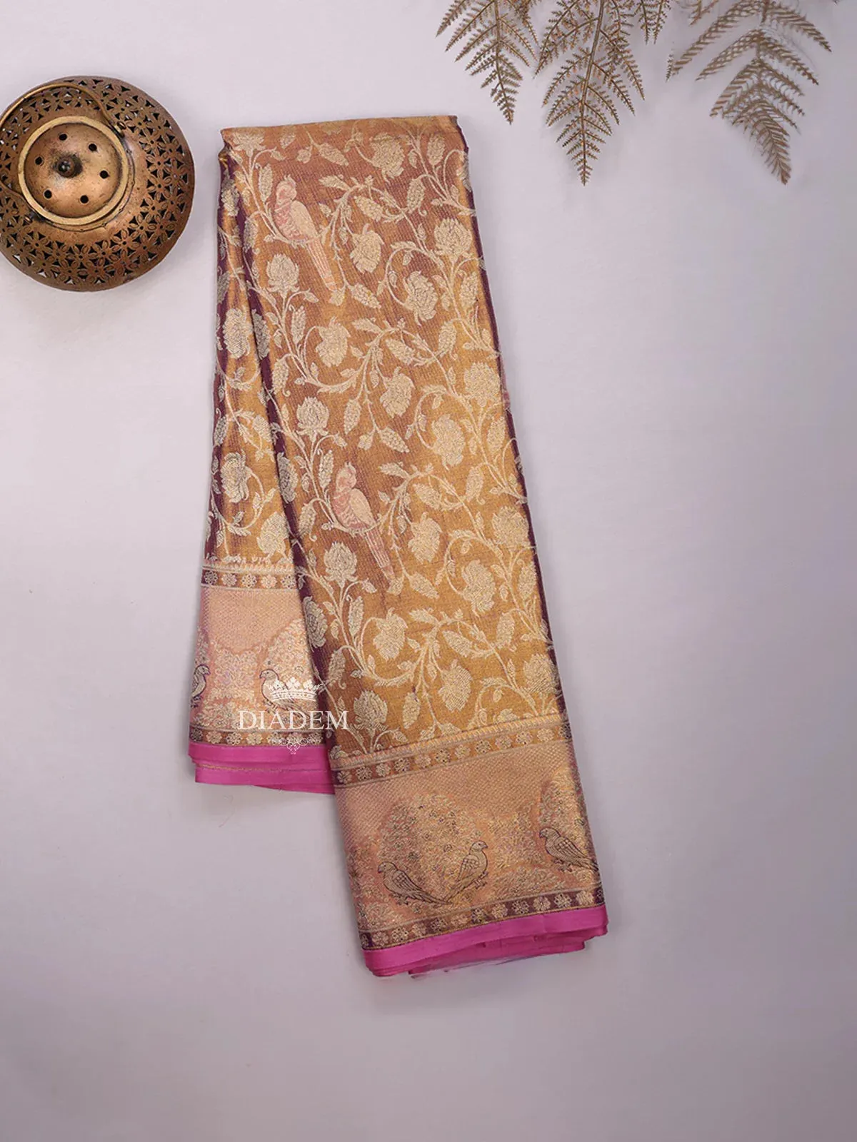 Brown Pure Kanchipuram (Bridal) Silk Saree with Floral Motif on the body and Contrast Zari Border