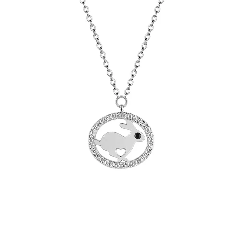 Bunny  with Zircon Circle Pendant Silver Necklace for Women